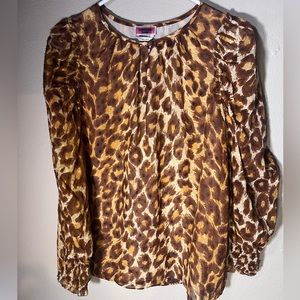 Kate Spade Animal print blouse Sz L Tan and Cream 100% Silk Ruffle Sleeves